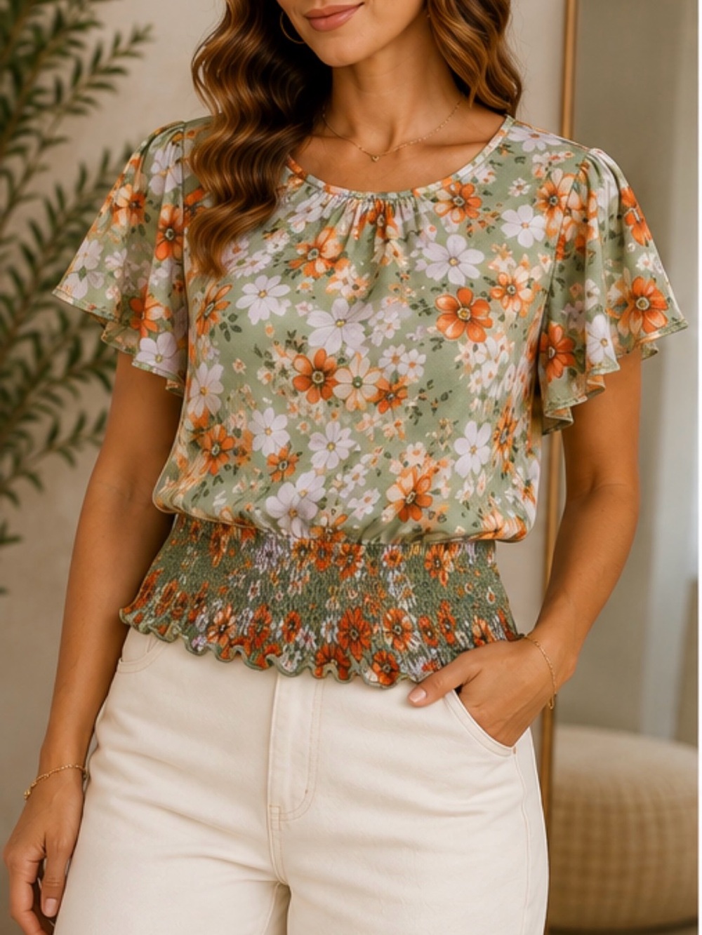 🌸 Emi & Jo Floral Smocked Waist Blouse XL Sage Green Orange Flutter Sleeve